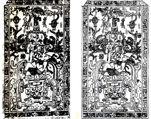 Крышка саркофага, созданного 1300 лет назад в период культуры майя и обнаруженного в "Пирамиде храма надписей" (Паленке, Мексика), расценивается Эриком фон Деникеном как немаловажное доказательство гипотизы о том,что древние мифологии представляют собой искаженные свидетельства деяний внеземных пришельцев. Эрик фон Деникен намеренно закрасил черным цветом отдельные места репродукции рисунка на крышке саркофага, чтобы подчеркнуть сходство изображенного на нем человека с космонавтом, откинувшимся назад перед стартом ракеты.